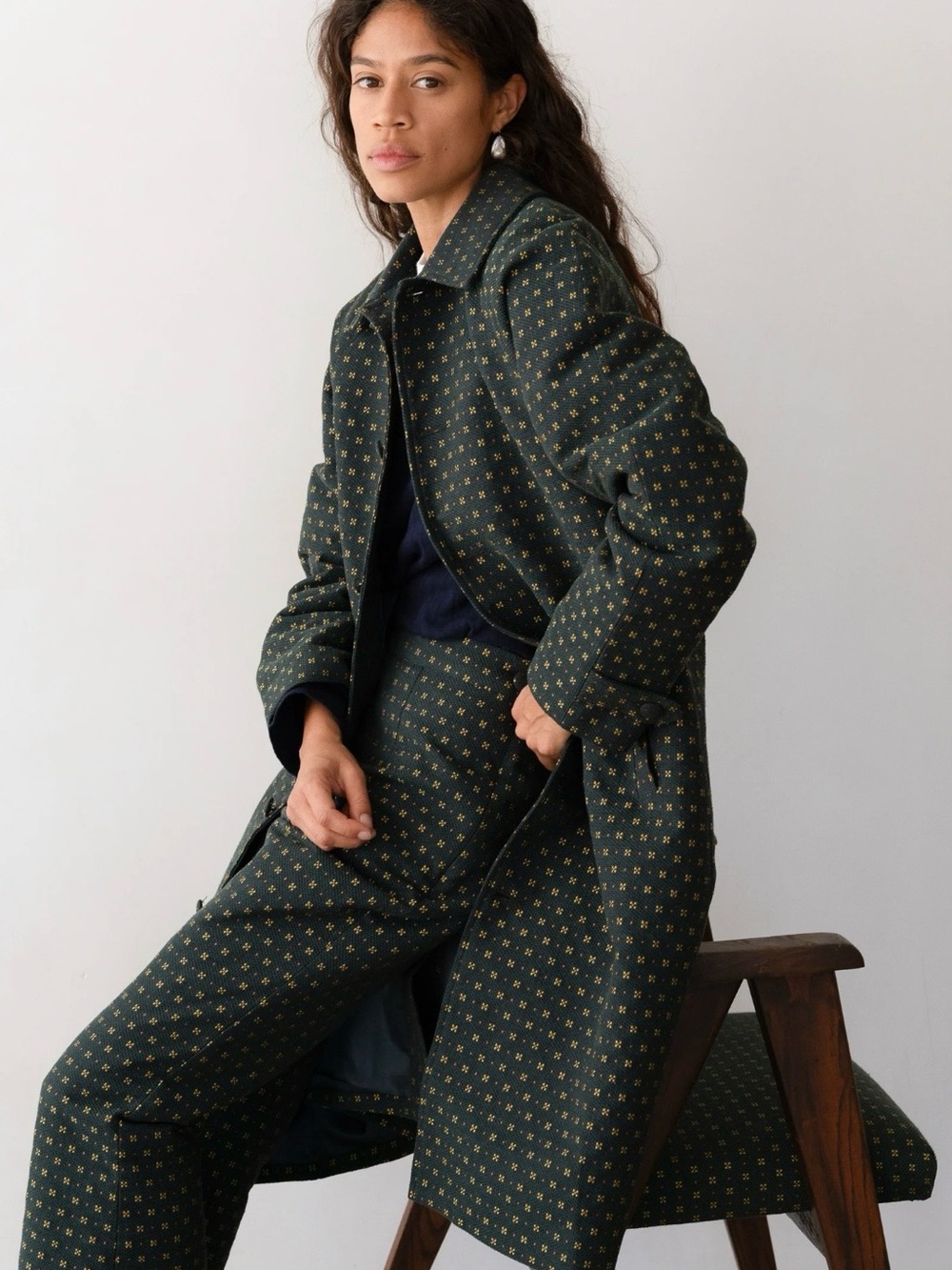 DONNI. Dark Green Daisy Coat with Yellow and Orange Accent Dots - Picture 9 of 11